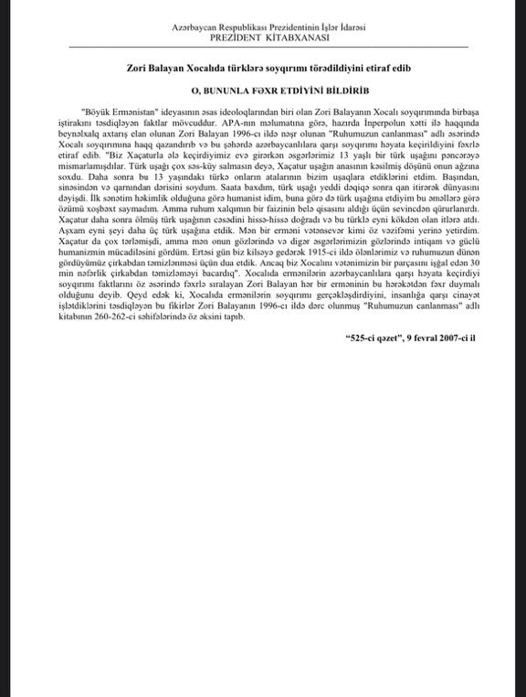 In the article you see, the #Armenian 🇦🇲writer Zori Balayan accepted the massacre he committed against the people of #Azerbaijan.🇦🇿 he even wrote the book "Revival of our Nation" about it. He was arrested by #Interpol, but later released.
#StopArmenianTerror 
#Armenianaggresion
