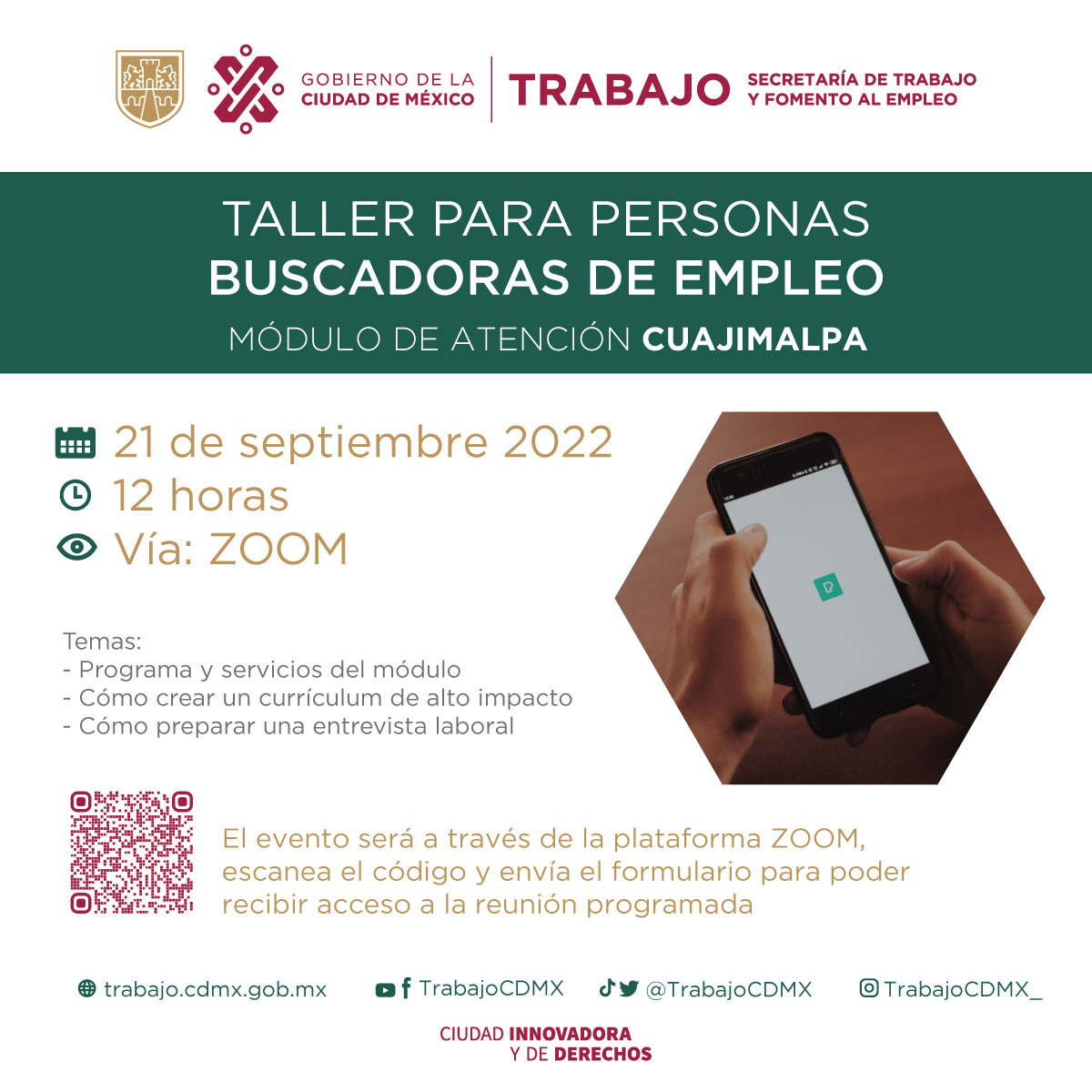 SneCdmx's tweet photo. ✅ ¿Sabes cómo realizar un CV adecuadamente? Acude al Taller para personas buscadoras de empleo en #Cuajimalpa
📆  21 de septiembre
⏰  12 hrs
#BienestarLaboral @Claudiashein @GobCDMX @STPS_mx @empleogob_mx @TrabajoCDMX @Luis_diazdeleon @SneCdmx https://t.co/x5bBNY6YzD