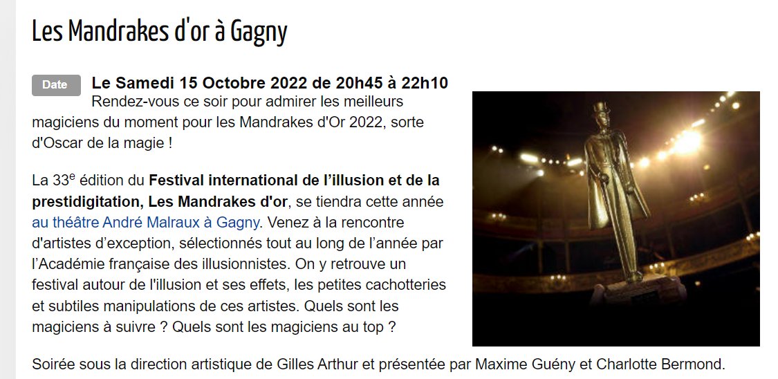 JeanYvesLoes's tweet photo. Ce sera un vrai retour aux sources ce Samedi 15 Octobre 2022 pour @LesMandrakesdOr 2022 : 33 ans après, ils seront de retour à #Gagny. Là où le Festival a vu le jour le 19 Octobre 1990 ! Là où le magicien #GillesArthur a fait léviter (une première) l'Hôtel de Ville ! Remenber ! https://t.co/oO7lBmWo8y