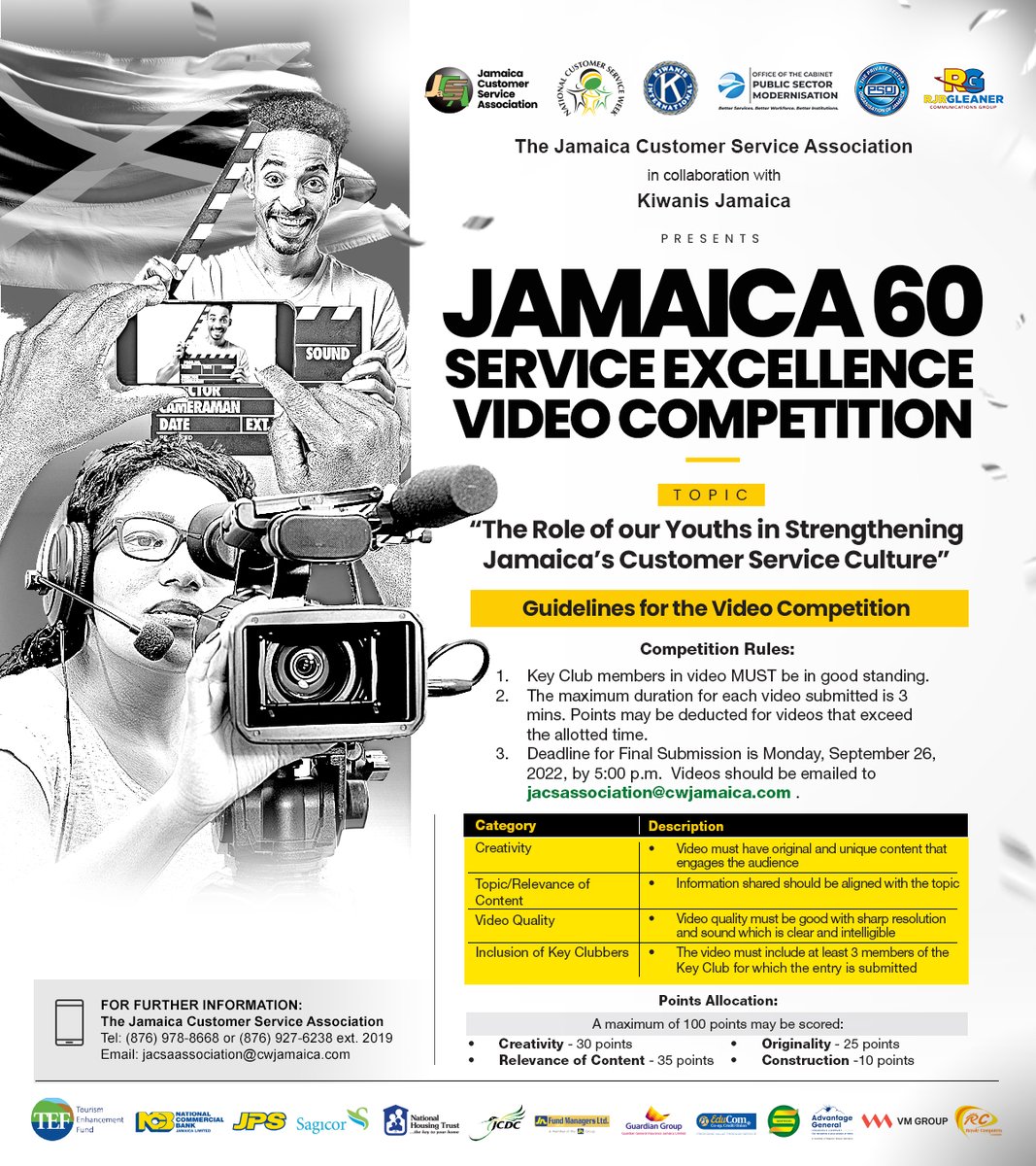 JaCSA_JM's tweet photo. Calling all Key Clubs in Jamaica!  Submit your videos by Monday, September 26th and enter the Jamaica Customer Service Association's Jamaica 60 Service Excellence Video Competition to win big prizes!!  

@KeyClubJamaica https://t.co/ezfsLtrebq
