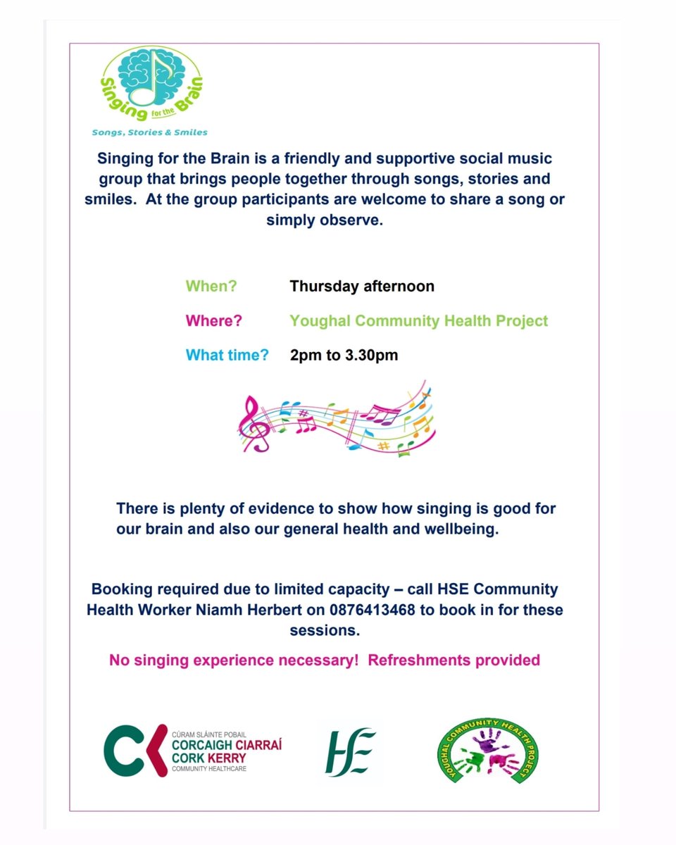 Cork North Community Work (@corknorthcwd) on Twitter photo Singing for the Brain starting on Thursday 22nd of September at Youghal Community Health Project <a href="/Sing4theBrain/">Singing for the Brain Ireland</a> <a href="/CorkNorthCWD/">Cork North Community Work</a> <a href="/alzheimersocirl/">The Alzheimer Society of Ireland</a> All welcome to this fun and inclusive group. Contact HSE Community Health Worker Niamh Herbert on 0876413468 to book #communitywork #HSE Singing for the Brain starting on Thursday 22nd of September at Youghal Community Health Project <a href="/Sing4theBrain/">Singing for the Brain Ireland</a> <a href="/CorkNorthCWD/">Cork North Community Work</a> <a href="/alzheimersocirl/">The Alzheimer Society of Ireland</a> All welcome to this fun and inclusive group. Contact HSE Community Health Worker Niamh Herbert on 0876413468 to book #communitywork #HSE