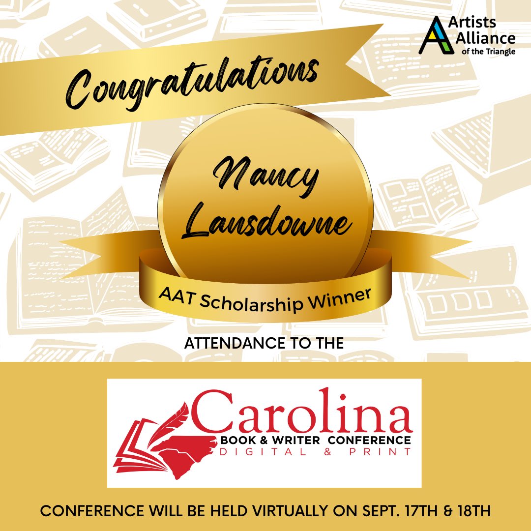FVArts's tweet photo. 🎉Congratulations to Nancy Lansdowne for winning the AAT Scholarship for attendance to the Sixth Annual Carolina Book &amp; Writer Conference, held on 9/17 &amp; 9/18. https://t.co/bY3cAYG6id 
⭐️ Conference tickets are still available for purchase. https://t.co/UbzKSsGhtc