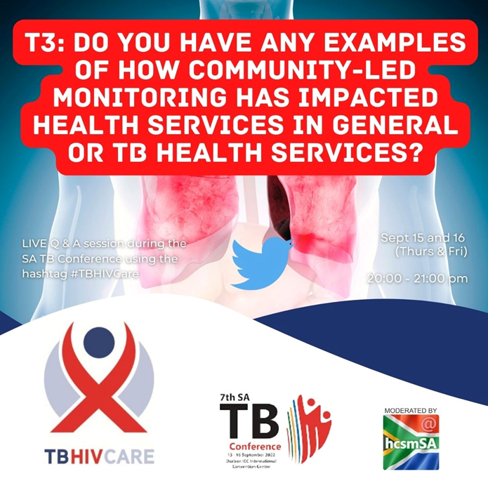hcsmSA's tweet photo. T3: Do you have or know of any examples of how community-led monitoring has impacted health services in general or TB health services? #TBHIVCare #SATB22 https://t.co/I7ffZp0m7h