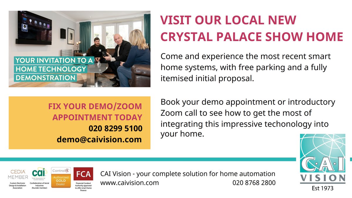 With so many on the market, it's essential that you try before you buy a home automation product or solution, to ensure that is right for you. Visit caivision.com to see the projects we've been involved with or call on 020 8768 2800 to book one of our free demos.