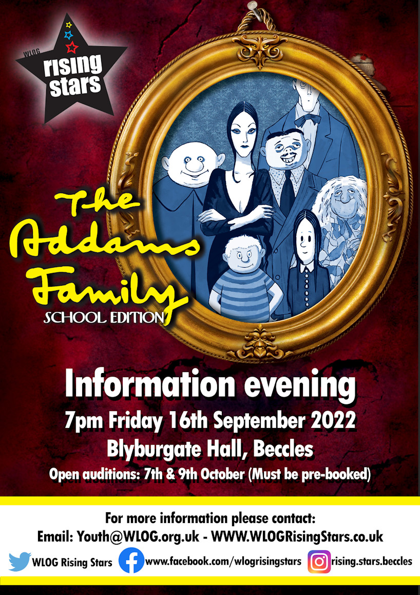 WLOGRisingStars's tweet photo. Aged 8-19 and love performing? 
Want to audition to be in the cast for our production of The Addams Family?
Come to our Information Evening, 7pm, 16th September at Blyburgate Hall, Beccles to find out how you can join our award-winning musical theatre group.
NEW MEMBERS WELCOME https://t.co/ITJHCPfzYQ
