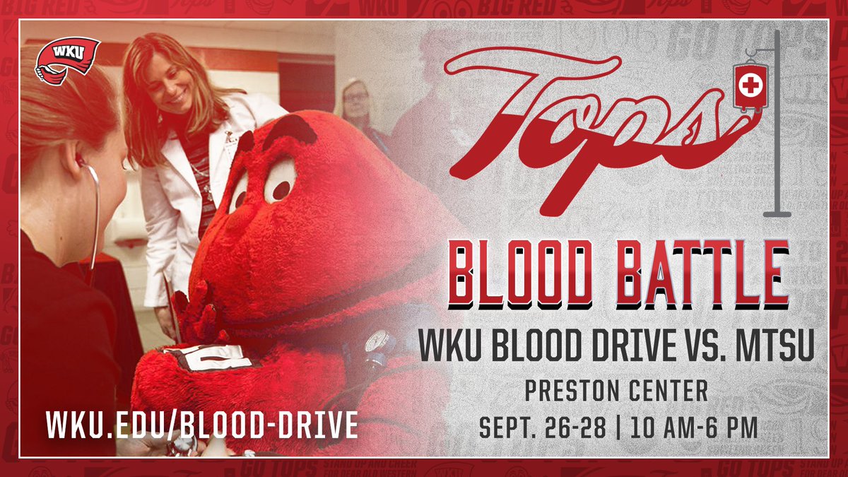 We need YOU to help beat MTSU! Head to the The WKU vs. MTSU Blood Drive on September 26-28 at the Preston Center. 

Make your appointment at wku.edu/blood-drive.

#WKU <a href="/WKUAlumni/">WKU Alumni</a> <a href="/WKUCEBS/">WKU CEBS</a> <a href="/CHHS_WKU/">chhs_wku</a> <a href="/WKUGordonFord/">WKU Gordon Ford</a> <a href="/WKUGreeks/">WKU Greeks</a> @WKUHonors <a href="/WKUISEC/">WKU ISEC</a> <a href="/WkuOgden/">WKU Ogden College</a> <a href="/WKUPcal/">WKU Potter College of Arts & Letters</a> <a href="/WKUSports/">WKU Sports</a>