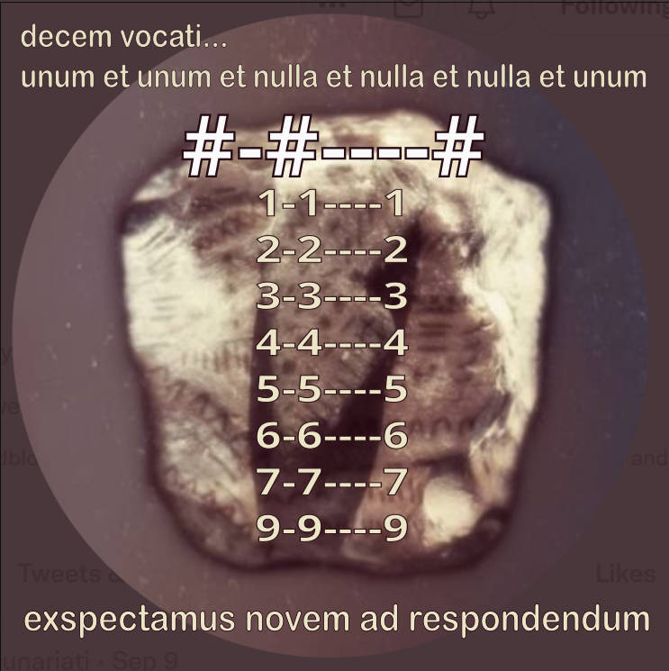 unariati's tweet photo. decem vocati...
unum et unum et nulla et nulla et nulla et unum

#-#----#

exspectamus novem ad respondendum https://t.co/jZLL4FFaKU