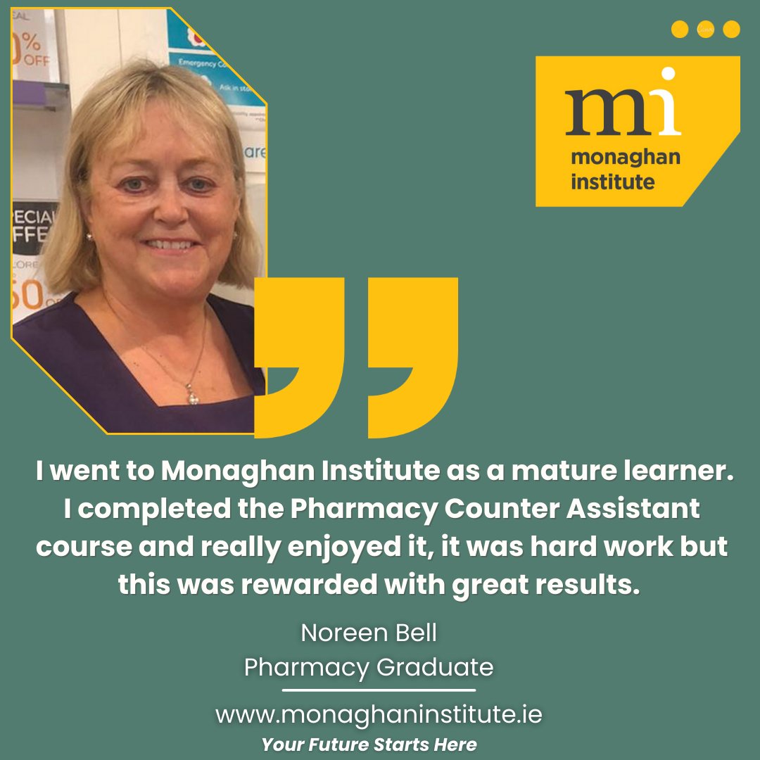⭐ STUDENT SUCCESS STORIES ⭐ Would you like to work in a Pharmacy? Graduate Noreen Bell explains her progression to work in Blacks Pharmacy Monaghan, after successfully completing the Level 5 Pharmacy course with us. ow.ly/mCmV50KHMH8 👏👏 #MI #YourFutureStartsHere