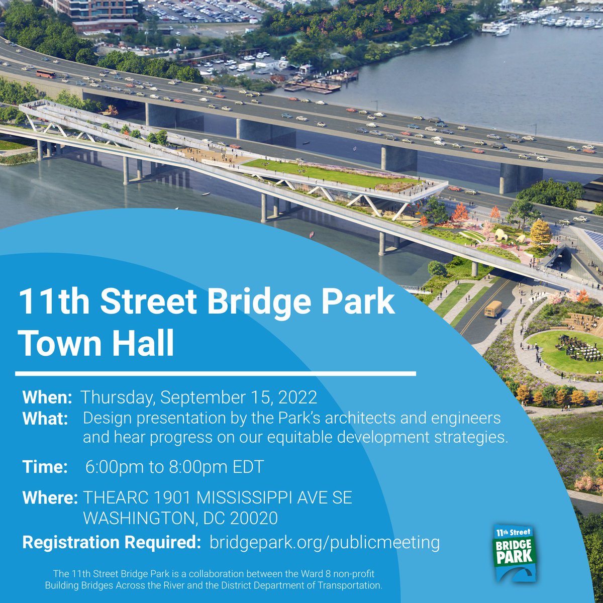 ICYMI: There is still time to RSVP for today's, 9/15 Town Hall meeting! Join us at 6:00pm EST to meet our community partners, hear from the 11th Street Bridge Park Team, learn about our latest updates, and more! RSVP: ow.ly/Mn1q50KKIsu #DCBridgePark #townhall #community