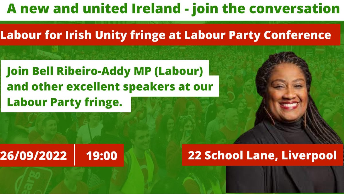 Labour for Irish Unity #LFIU (@lfiu2019) on Twitter photo Check out our Labour Conference fringe 'A new and united Ireland. Join the Conversation' where we will be hearing from the fantastic <a href="/BellRibeiroAddy/">Bell Ribeiro-Addy MP</a> who has been a committed defender of the GFA.
📅Monday 26/09
📌 Quaker Meeting House, 22 School Lane.
⏰7- 8:30 pm Check out our Labour Conference fringe 'A new and united Ireland. Join the Conversation' where we will be hearing from the fantastic <a href="/BellRibeiroAddy/">Bell Ribeiro-Addy MP</a> who has been a committed defender of the GFA.
📅Monday 26/09
📌 Quaker Meeting House, 22 School Lane.
⏰7- 8:30 pm