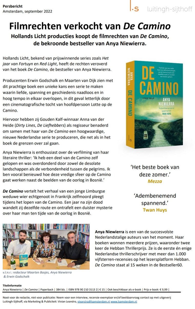 BLIJ! 🥳 Een mijlpaal in mijn carrière als #schrijver: vanmiddag zijn de filmrechten van mijn boek De #Camino verkocht aan Hollands Licht (NLse 'afdeling' van MGM). Meer info in onderstaande persbericht 😃! DANK team @lsamsterdam DANK lezers! DANK gezin! #limburg #film #serietv