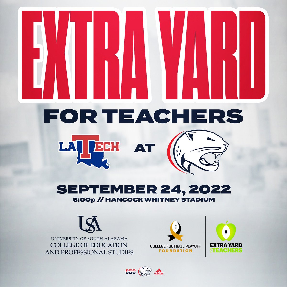 We’re excited to partner with @CFPExtraYard to celebrate local educators during Extra Yard for Teachers Week! Educators can get $5 tickets to the Jags vs. La Tech football game to be held at Hancock Whitney Stadium -> SouthAlabama.edu/colleges/ceps/…. #WeAreSouth #WeAreEducation #GoJags