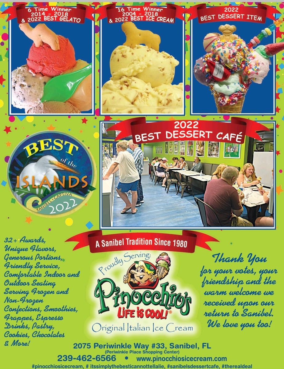 PinocchioSI's tweet photo. A big thank you to everyone who voted us 2022 Best of the Islands BEST ICE CREAM and BEST GELATO again and our newest wins BEST DESSERT and BEST DESSERT CAFE. We wish all of you Simply the Best. We Cannot Tell A Lie! Love, The Puma Family and Pinocchio's Staff. https://t.co/2FF0bECBed