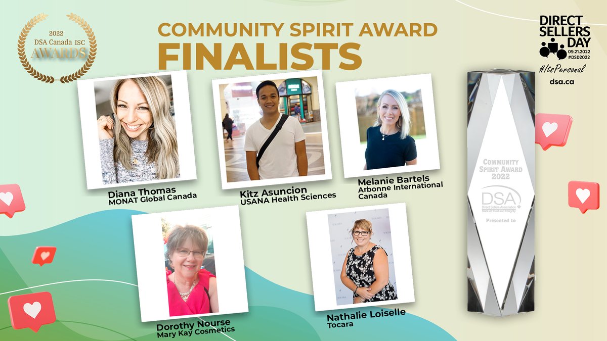 DSA Canada (@dsacanada) on Twitter photo Congratulations to our Community Spirit Award finalists!
🌟 Diana Thomas, <a href="/MONATOfficial/">MONAT</a>
🌟 Dorothy Nourse, @marykaycanada
🌟 Kitz Asuncion, <a href="/Usana_HealthCA/">Usana Health Canada</a>
🌟 Melanie Bartels, <a href="/ArbonneCanada/">Arbonne Canada</a>
🌟 Nathalie Loiselle, <a href="/TocaraSocial/">Tocara Jewelry</a>
Learn more: bit.ly/3DrGWVW. Congratulations to our Community Spirit Award finalists!
🌟 Diana Thomas, <a href="/MONATOfficial/">MONAT</a>
🌟 Dorothy Nourse, @marykaycanada
🌟 Kitz Asuncion, <a href="/Usana_HealthCA/">Usana Health Canada</a>
🌟 Melanie Bartels, <a href="/ArbonneCanada/">Arbonne Canada</a>
🌟 Nathalie Loiselle, <a href="/TocaraSocial/">Tocara Jewelry</a>
Learn more: bit.ly/3DrGWVW.