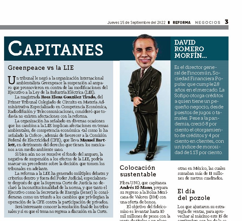 FincomunMX's tweet photo. Este día, en voz de @David_romero28, nuestro Director General, Fincomún fue incluida con datos relevantes sobre el negocio en la columna #Capitanes de @Reforma . https://t.co/xOJi4OoijD