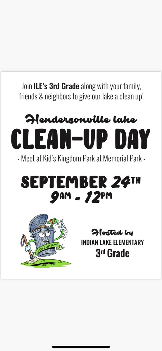 The third graders at ILE would love for you and your families to join us for a lake clean up day! Come get some fresh air and exercise while making a difference in our community. @co_sumner <a href="/theILEsteam/">ilesteam</a>