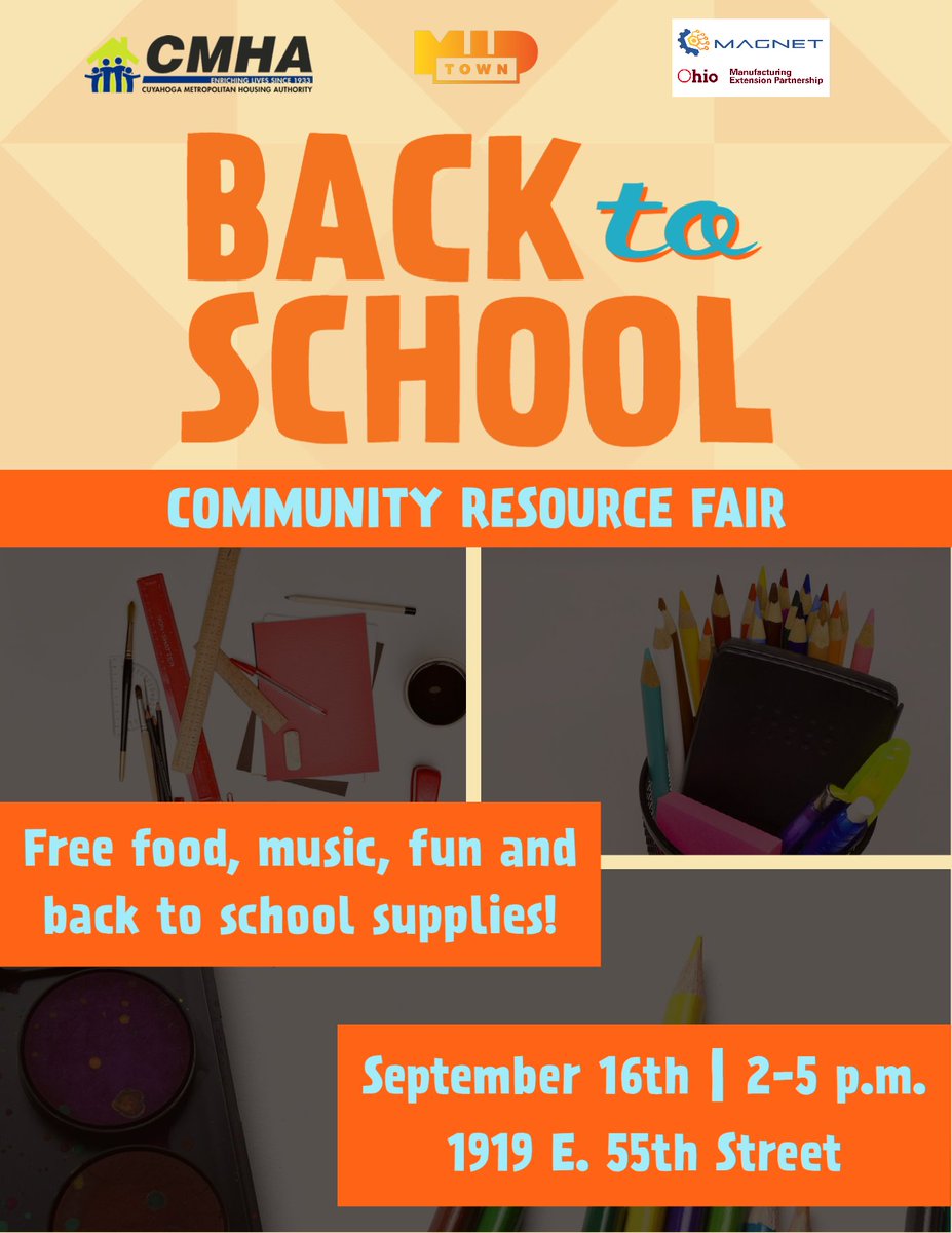 MidTownCleInc's tweet photo. Join us tomorrow afternoon at Wilson Towers for our Back to School Fair with @CuyahogaHousing and @MAGNETOhio! There will be FREE food, music and school supplies for the entire community.

#midtowncleveland #midtowncle #backtoschool #communityevents #clevelandevents https://t.co/HvgfcxWvMN