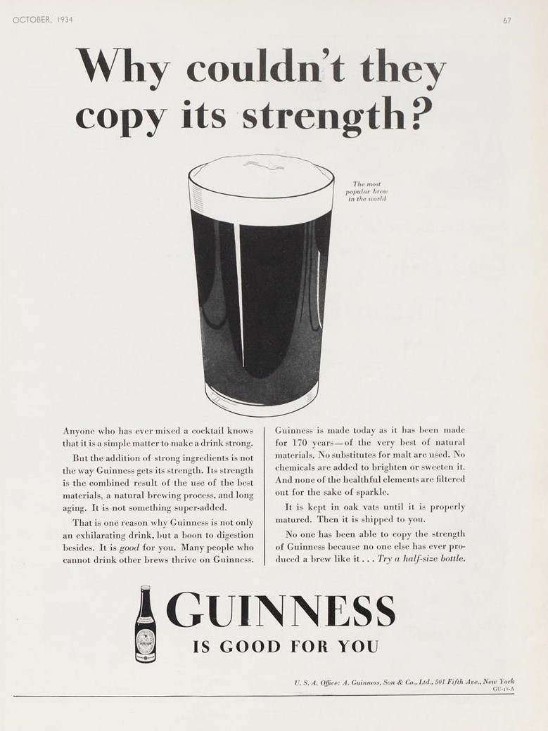 Vint_Mag_Ads's tweet photo. Why couldn't they copy its strength?
@GuinnessIreland October 1934
#TheMostPopularBrewInTheWorld #IsGoodForYou #VintageAds #30s https://t.co/0PTifrLXZn