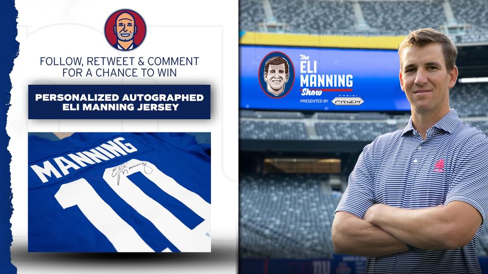 PeteGuelli's tweet photo. Let’s celebrate Season 2 launch of the ⁦@EliManning⁩ Show!! **Personalized** Autographed Eli jersey to the winner! #EliManningShow #TogetherBlue ⁦@PaniniAmerica⁩ https://t.co/Nh8KW4EiEY