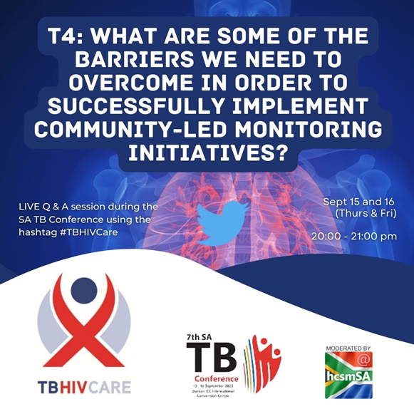 hcsmSA's tweet photo. T4: What are some of the barriers we need to overcome to successfully implement community-led monitoring initiatives? #TBHIVCare #SATB22 https://t.co/Q12BKrFvpd