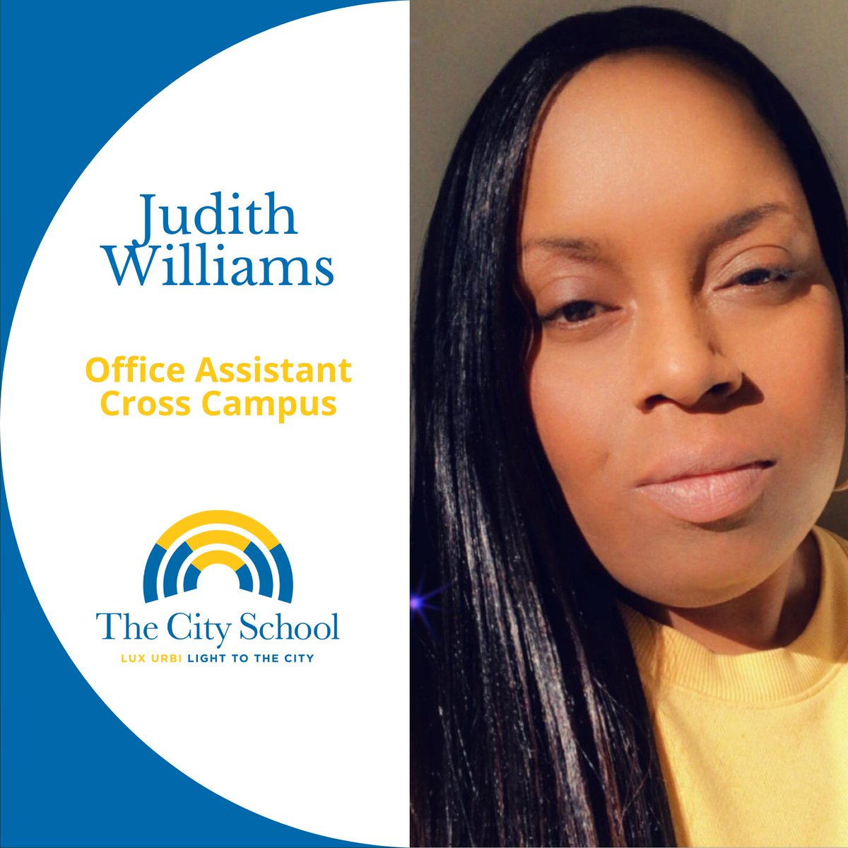 tcsphilly's tweet photo. The City School Welcomes Ms. Judith Williams, our All-Campus Office Assistant! Ms. Williams studied at the Art Institute of Philadelphia for Graphic Design. She loves all things creative! Learn more - https://t.co/YGqHN4LqfO   #luxubri #lighttothecity #thecityschool https://t.co/eu36ILH5sA