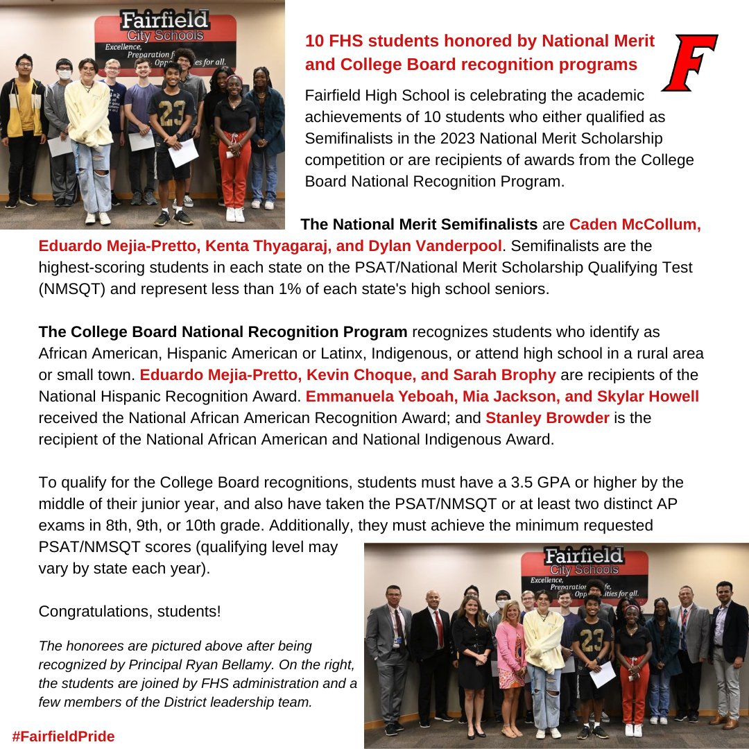 ICYMI! @fcsdhighschool has 10 students who either qualified as Semifinalists in the 2023 National Merit Scholarship competition or received awards from the College Board National Recognition Program! Well done, students! #FairfieldPride