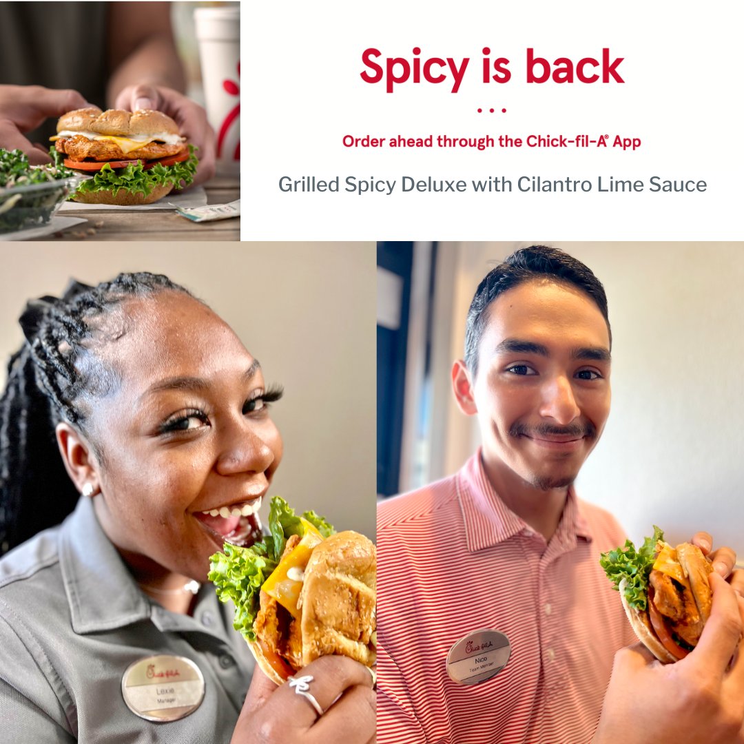 CFAPearland's tweet photo. Spicy is back – and our team is lovin’ it! Enjoy the Grilled Spicy Deluxe today! Available for a limited time. https://t.co/dXMSwqvzIt