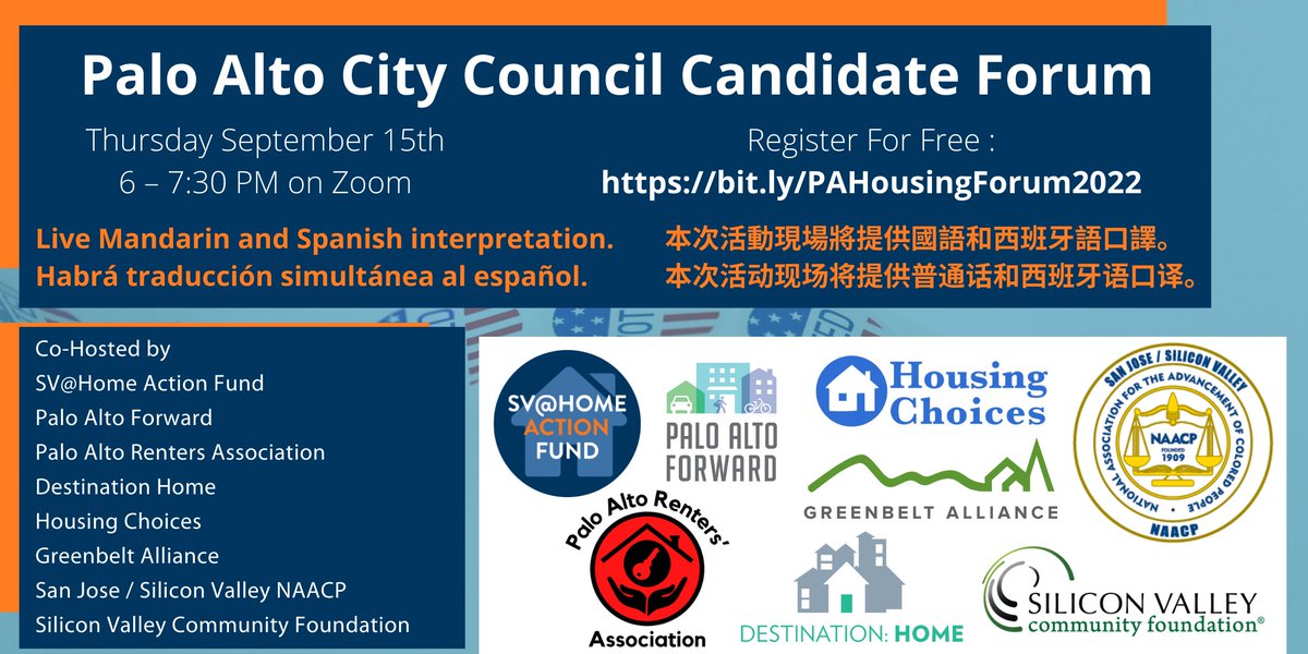 What are we up to tonight? 🏡🌎🚲🌲🏘️🗳️ Running the Palo Alto City Council Candidate Forum, that's what! Online, free, with Mandarin and Spanish interpretation: bit.ly/PAHousingForum…