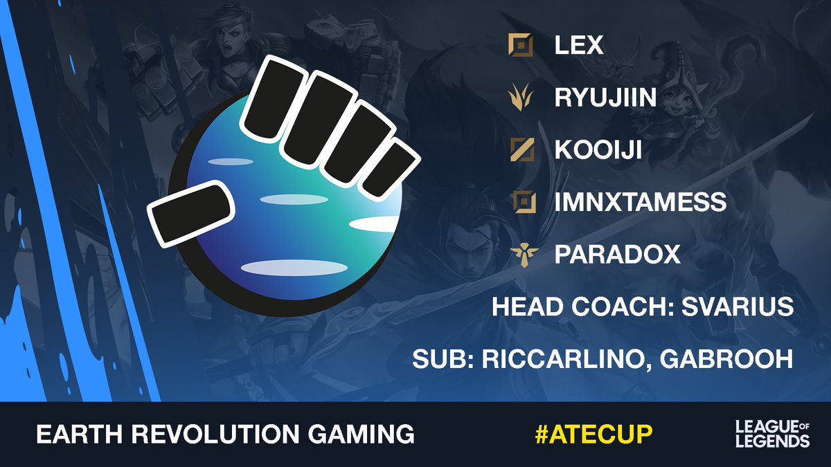 Tra vecchi amori 💕 e nuove impensabili sorprese 🤩 ecco a voi i nomi che compongono il nostro team per il torneo #atecup 🏆

Top <a href="/Lex_weakside/">Alex</a>
Jung <a href="/Ryujiinlol/">Francesco</a>
Mid <a href="/Kooiji1/">Kooiji</a>
Adc <a href="/imnxtamess_lol/">imnxtamess</a>
Sup <a href="/Paradoxx_lit/">Paradox</a>

Coach <a href="/ERGSvarius/">Svarius</a>
Sub <a href="/riccarlino/">Riccarlino</a> <a href="/Gabrooh1/">Gabrooh</a>

#embracetherevolution