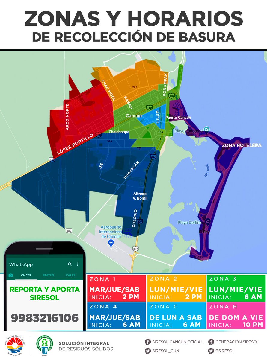 GSiresol's tweet photo. Buenos días Cancún. Te compartimos las zonas y los horarios de recolección de basura en nuestro municipio.

ZONA 1 - Mar/Jue/Sáb 2pm
ZONA 2 - Lun/Mié/Vie 2pm
ZONA 3 - Lun/Mié/Vie 6am
ZONA 4 - Mar/Jue/Sáb 6am
ZONA C - De Lun a Sáb 6am
ZONA H - De Dom a Vie 10pm https://t.co/cmuuiFLS7X