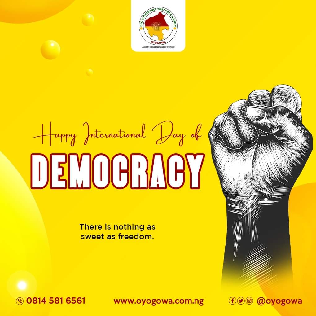 oyogowa's tweet photo. Freedom is sweet if it's done rightly. What lessons have you learn since 1999 on democratic government?

#Happyinternationaldayofdemocracy https://t.co/coZAKZHrnO