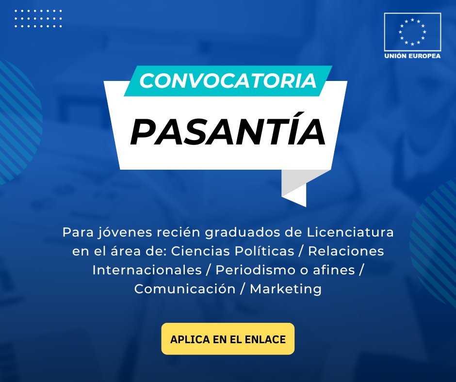 📣 Atención jóvenes recién graduados de Licenciatura en el área de: Ciencias Políticas/Relaciones Internacionales/Periodismo o afines/Comunicación/Marketing. Pasantía remunerada de hasta 6 meses en #UEGuatemala🇪🇺 a partir de noviembre de 2022. eeas.europa.eu/eeas/funded-tr…