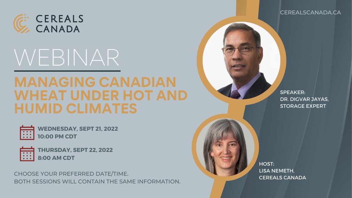Cereals_Canada's tweet photo. Join us for a free webinar on managing Canadian wheat under hot, humid conditions. Storage expert Dr. Digvir Jayas will discuss ways to minimize spoilage and maintain profitability in challenging environments. Register today at:  https://t.co/iiVj5m7AgN #CdnAg #wheat #storage https://t.co/CWs32mWbw6