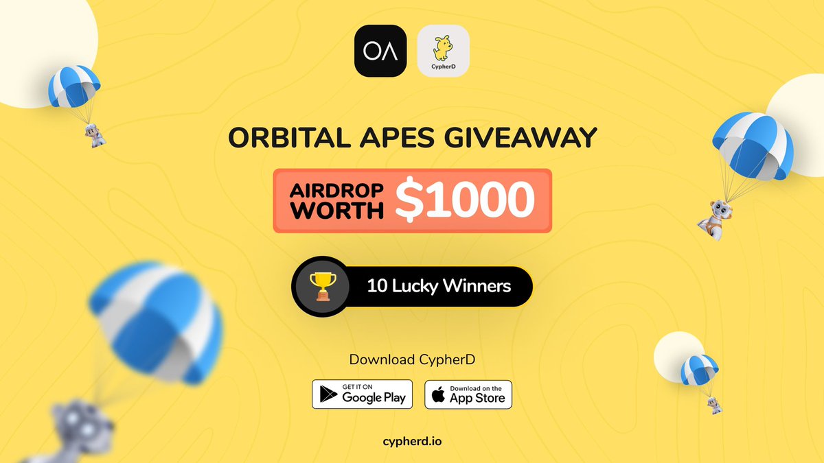 ‼️🪂 #NFTAirdrop Alert 🪂‼️

We're airdropping 9 <a href="/OrbitalApes/">ORBITAL APES ☄️</a> and 1 Elder Generation Ape to 10 lucky winners

To enter:

- Follow @cypherdwallet 

- Tag 3 friends

- Drop a screenshot of your $EVMOS address (Must be a #CypherD wallet address only)

Winners announcement: 26th Sept