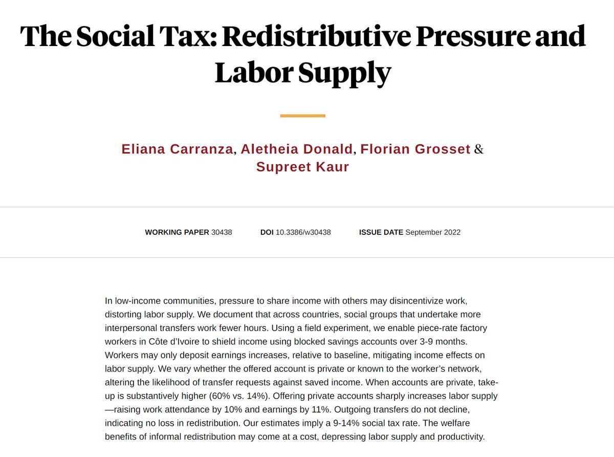 NBER (@nberpubs) on Twitter photo In Africa, workers get constant requests to share money with others. Shielding their income increases work attendance and earnings by over 10%. Informal insurance creates a social tax, from Eliana Carranza, <a href="/AletheiaDonald/">Aletheia Donald</a> <a href="/florian_grosset/">Florian Grosset-Touba</a> and <a href="/supKaur/">Supreet Kaur</a> nber.org/papers/w30438 In Africa, workers get constant requests to share money with others. Shielding their income increases work attendance and earnings by over 10%. Informal insurance creates a social tax, from Eliana Carranza, <a href="/AletheiaDonald/">Aletheia Donald</a> <a href="/florian_grosset/">Florian Grosset-Touba</a> and <a href="/supKaur/">Supreet Kaur</a> nber.org/papers/w30438