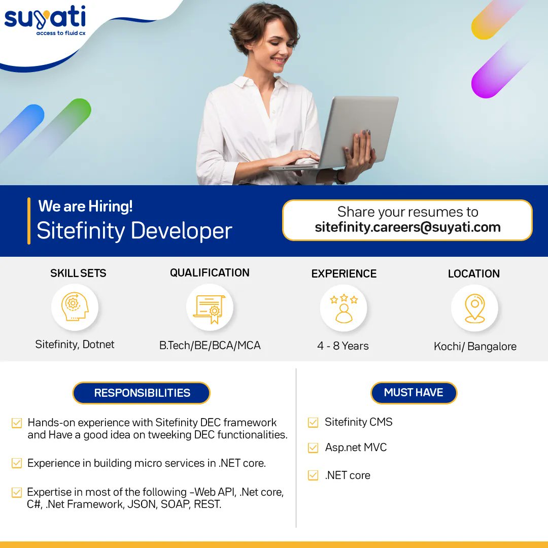 suyatitech's tweet image. We at @suyatitech are looking for Sitefinity Developer with over 4 years of experience to join us.

Share your resumes to sitefinity.careers@suyati.com

#WebDevelopmentJob #WebProgrammingdotNetJob #sitefinityjob #staffing  #recruitment #hr #jobsinkochi #jobsinbangalore