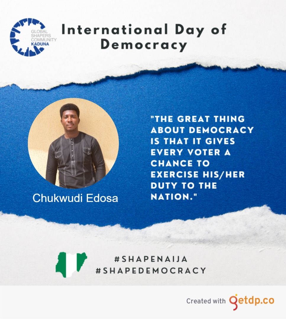 Happy International Day of Democracy!

As this year Democracy Day focuses on amplifying the importance of media freedom to democracy and peace, the <a href="/GlobalShapers/">Global Shapers</a> Hubs in Nigeria has decided to embark on a collective social media campaign 

#ShapeNaija
#ShapeDemocracy