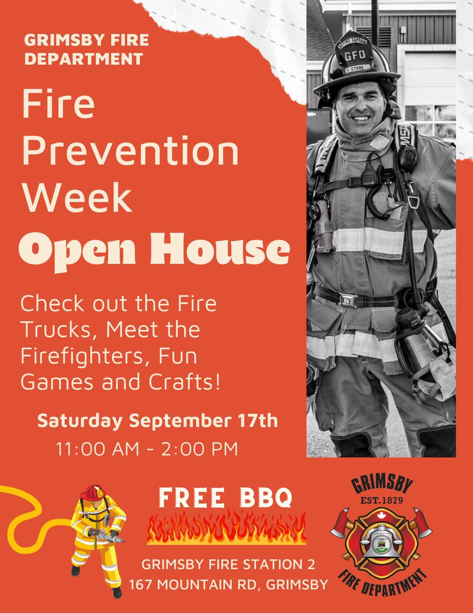 TownofGrimsby's tweet photo. Don't miss this great event!
🚒The Grimsby Fire Department is hosting an Open House for Fire Prevention Week on Saturday September 17th from 11am to 2pm.
Come check out the Fire Trucks, meet our Firefighters and enjoy some fun games, crafts and a free BBQ! https://t.co/XHCxhbDUfw