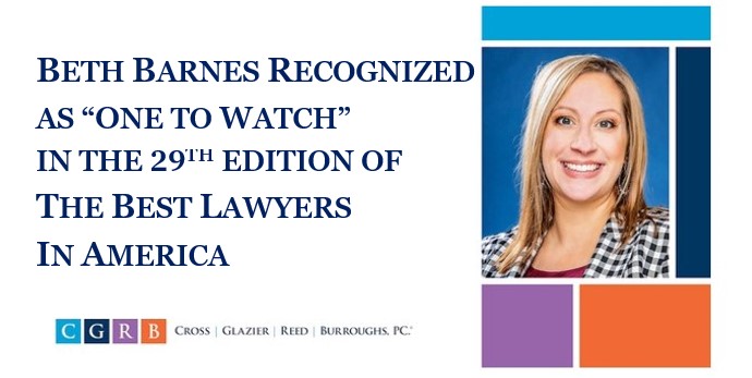 cgrblawfirm's tweet photo. Congratulations to our own Beth Barnes as being recognized as "One to Watch" by The Best Lawyers in America! https://t.co/uBxFuQkRsv