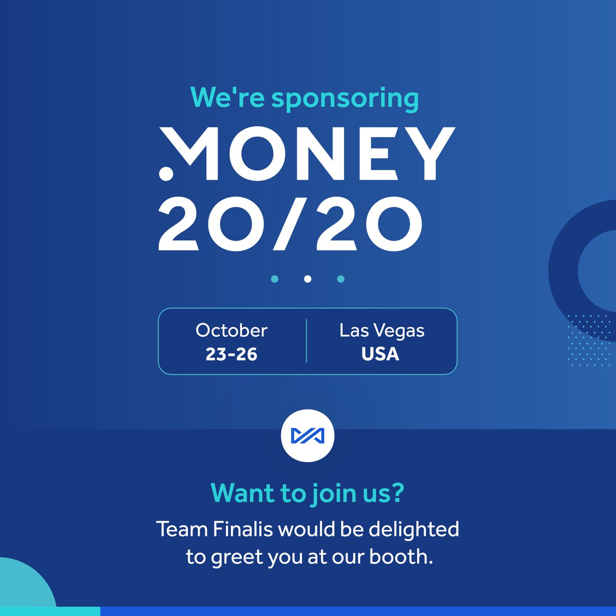 It’s with great excitement letting you know that we’ll be sponsoring the <a href="/money2020/">Money20/20</a> event this October 23 to 26, 2022 in Las Vegas.

Want to greet us at our booth? Email us at growth@finalis.com.

We can't wait to meet you all! 🚀

#Money2020 #NetworkingEvent #FintechNews