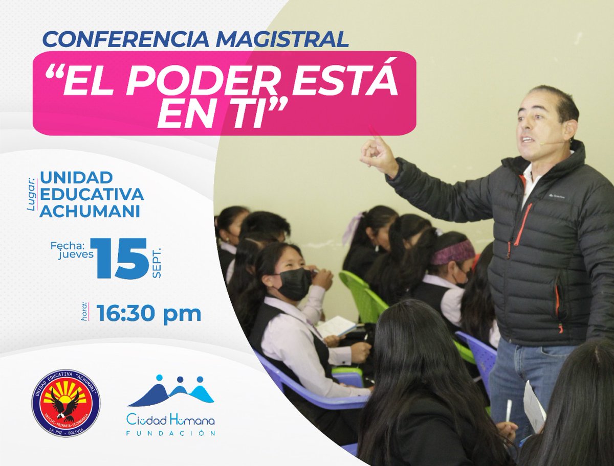 CesarDockweiler's tweet photo. Muy agradecidos por la invitación de la Unidad Educativa “ACHUMANI”.
Hoy estaremos presentes con la conferencia de liderazgo “EL PODER ESTÁ EN TI”.
#Liderazgo
#ElPoderEstaEnTi
#VidaConProposito
#TipsParaEmprender
#SoyLider
#Innova
#Emprende
#Líder https://t.co/M1GK4J0r3I