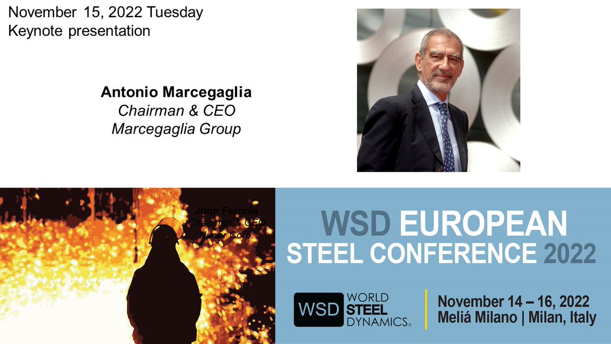 WSD is honored to host Antonio Marcegaglia, Chairman and CEO of Marcegaglia Group as our keynote speaker at the 2022 European Steel Conference. Join us to hear Marcegaglia's views on the European steel industry. 
Link: bit.ly/3dxWg8q #steelindustry #steeleurope2022