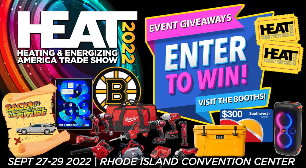 TheHEAT_Show's tweet photo. Our FREE trade show includes a FREE raffle. Just hit the booths to enter. Prizes include Southwest Airlines Gift Card, 2 Boston Bruins Tickets, Apple iPad + Case, YETI Cooler + JBL Speaker &amp; Milwaukee Tool Set + Tool Box. Heating &amp; energy pros register at https://t.co/ficxThEk2w. https://t.co/a2RnOtDDwg