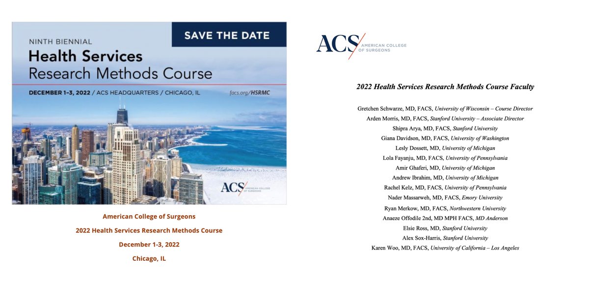 Registration now open for the 9th Biennial Health Services Research Methods Course hosted <a href="/AmCollSurgeons/">American College of Surgeons</a> in Chicago!

We'll cover a lot of ground across methods (survey, claims, qual), writing (specific aims, writing for impact) and team building!

facs.org/for-medical-pr…