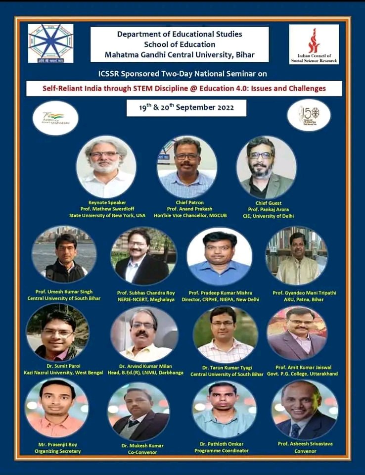 JhaPoorvi's tweet photo. Two day National Seminar (19th and 20th September)
STEM to LIFE' &amp; 'STEM in LIFE'   @MGCUBihar,@soemgcu,@Prof_Asheesh,@DrMukeshkr,@Dm_Motihari,@officecmbihar,@BiharEducation_,@ugc_india,@mamidala90,@EduMinOfIndia,@ncert,@ncteDelhi. https://t.co/2RrRWq35H2