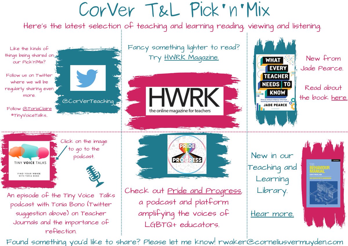 CorVerTeaching's tweet image. September Pick&apos;n&apos;Mix out now. Podcast and follow suggestion @Toriaclaire, reading from @HWRK_magazine, shout out to @PrideProgress and books from @PearceMrs &amp;amp; @Strickomaster both in our T&amp;amp;L library.