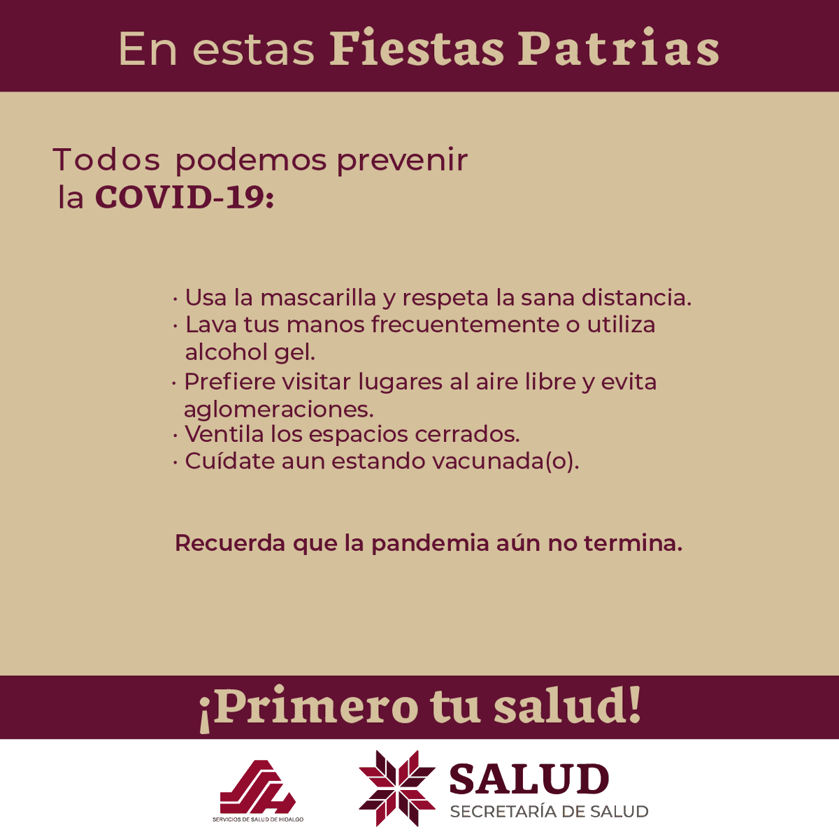 JMetztitlan's tweet photo. En estas fiestas patrias no bajes la guardia, el COVID-19 sigue aquí y todos lo podemos prevenir.

Recuerda que la pandemia aun no termina
#fiestaspatrias 
#GritoDeIndependencia https://t.co/SX9Py6nmz4