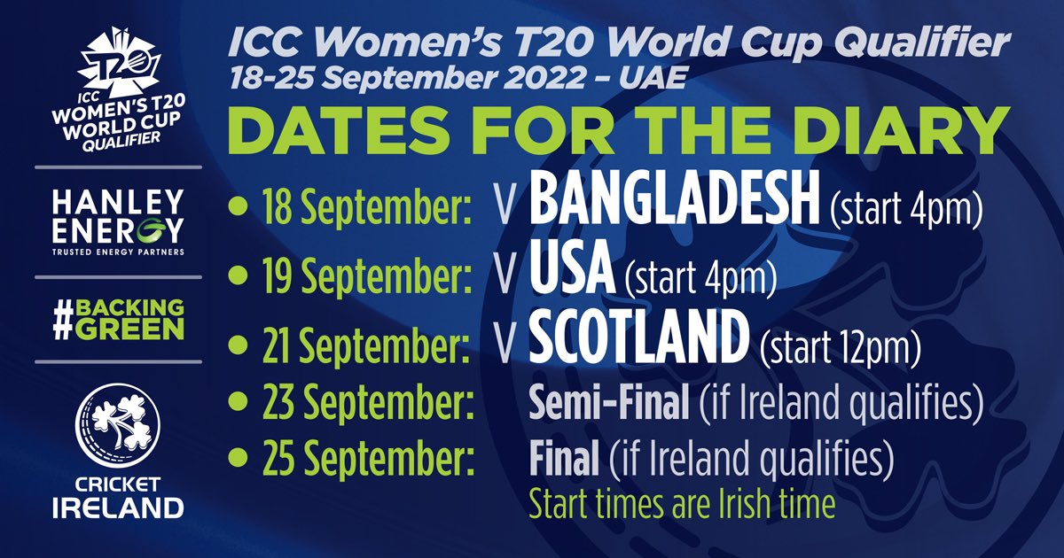 📝 We begin our quest for <a href="/T20WorldCup/">T20 World Cup</a> qualification this Sunday, so mark these dates down in your diary. 

And don’t forget you can watch every match on icc.tv

C’mon Ireland!! 💪🏻

#BackingGreen | <a href="/HanleyEnergy/">Hanley Energy</a> ☘️🏏