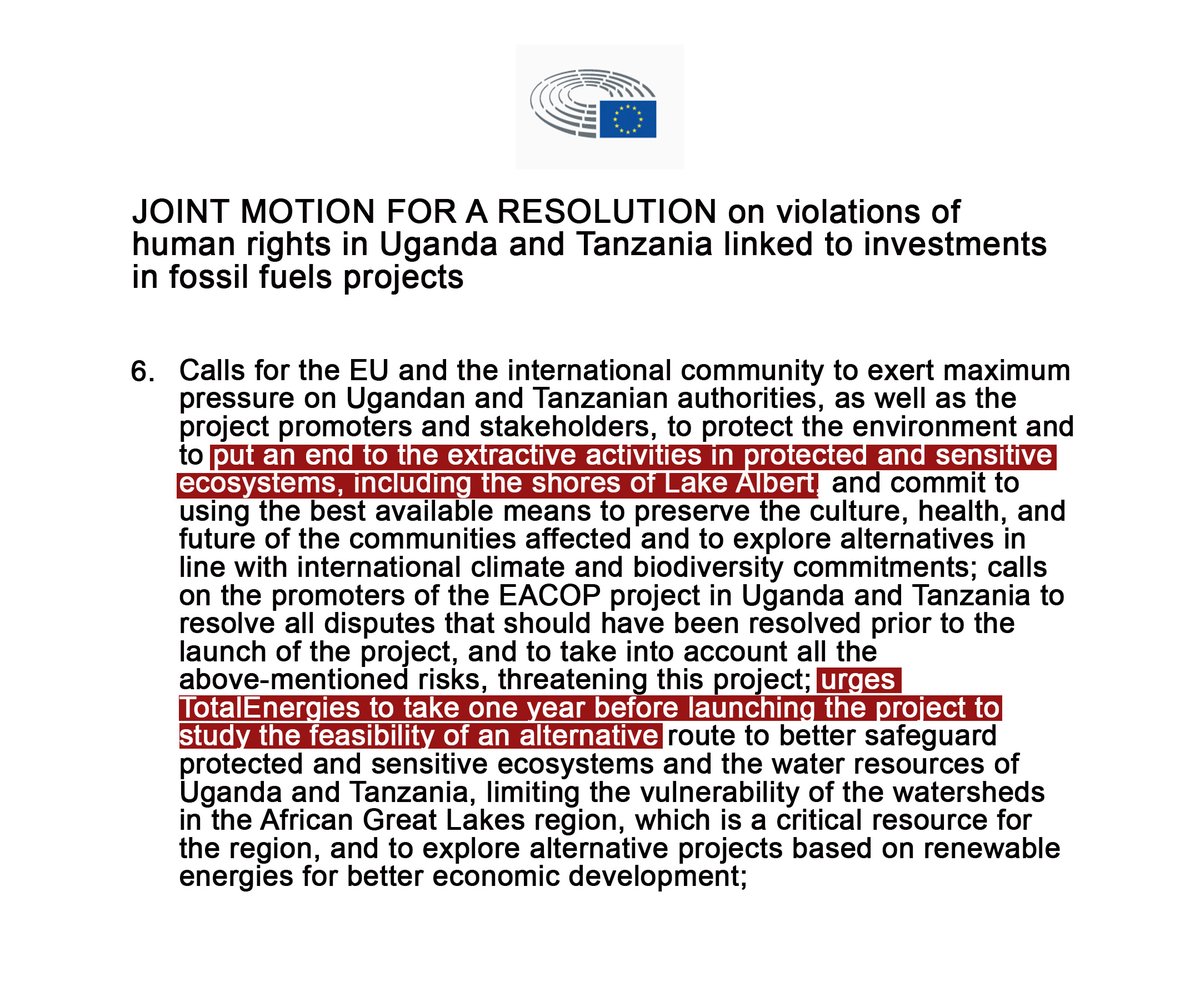 A great victory at the EU Parliament for human rights &amp; climate, against <a href="/TotalEnergies/">TotalEnergies</a>!

Members of the 🇪🇺 Parliament have adopted a landmark resolution on the #EACOP oil project, which «calls to put an end to the extractive activities in sensitive ecosystems». #StopTOTAL👇