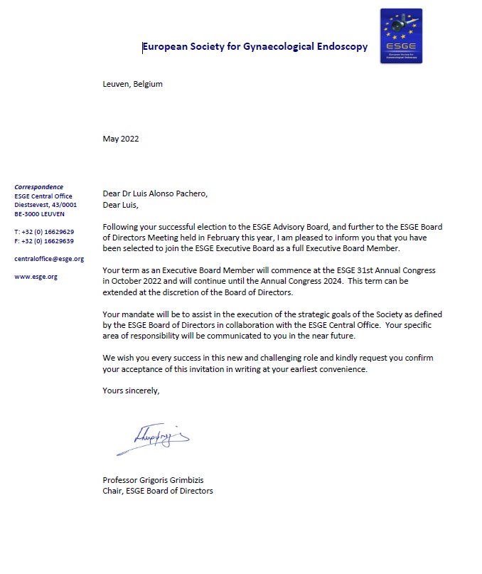 Es un placer anunciar que he sido elegido Miembro de la Junta Directiva de ESGE (European Society for Gynaeological Endoscopy). Alcanzar este hito en mi carrera ha significado renunciar a otros proyectos.... Nos vemos en Lisboa!!!!